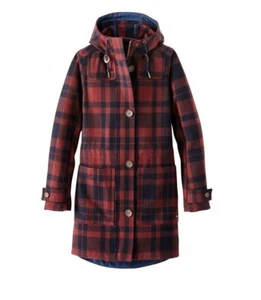 NWT L.L. Bean W's Bean's West End Wool Hooded Plaid Pea Coat Canyon Rust Small - Picture 1 of 9