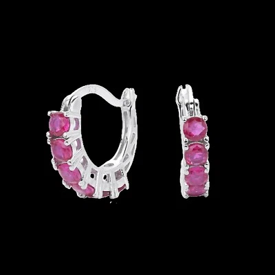 925 Sterling Silver 3mm Ruby 5/8''Earrings Gemstone White Gold-Plated - Image 1 of 4