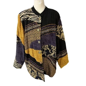 Indigo Moon Patchwork Size 1X Jacket Blazer Gold Black Tan Purple - Picture 1 of 9