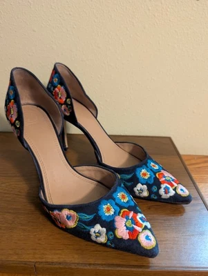 Tory Burch Rosemont 三色花卉麂皮绒皮革刺绣 D'orsay 泵 11 Y2k — 第 1/4 张图片
