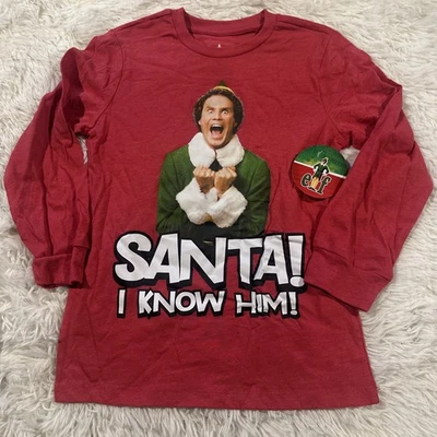 Elf Movie boys NWT long sleeve holiday Tee M 8 Will Ferrell Santa I Know Him - Image 1 of 4