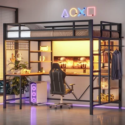 Twin Size Loft Bed with L Shaped Desk & Storage Shelves, Metal Loft Bed for Teen - Image 1 of 4