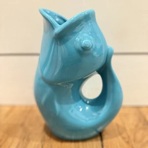 Gurgle Pot Turquoise Teal Blue Ceramic Stoneware Fish Water Pitcher Vase 9.5" - Picture 1 of 8