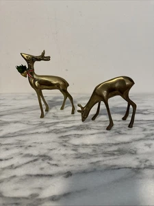 Brass Deer Figurines Mid Century Decor Christmas Stag Buck Doe Pair - Picture 1 of 7