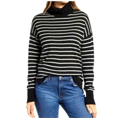 Halogen Cashmere Turtleneck Sweater Black Ivory Striped Small Cozy - Image 1 of 4