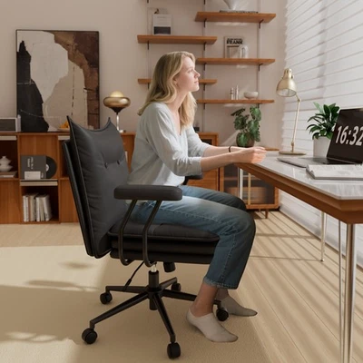 Silla de Escritorio Giratoria de Cuero PU Silla de Tareas de Oficina Ajustable con Ruedas y Brazos Foto 1 de 4