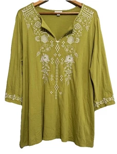 J. Jill 2X Tunic Top Chartreuse Floral Embroidered Boho 3/4 Sleeve - Picture 1 of 9