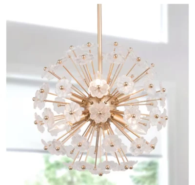 Lámpara de araña moderna Sputnik dorada, lámpara colgante de 6 luces con vidrio floral Foto 1 de 4