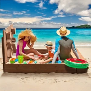 53″ L×44.5″ W Kids Large Wooden Sandbox for Backyard 2 Foldable Bench Seats - Picture 1 of 12