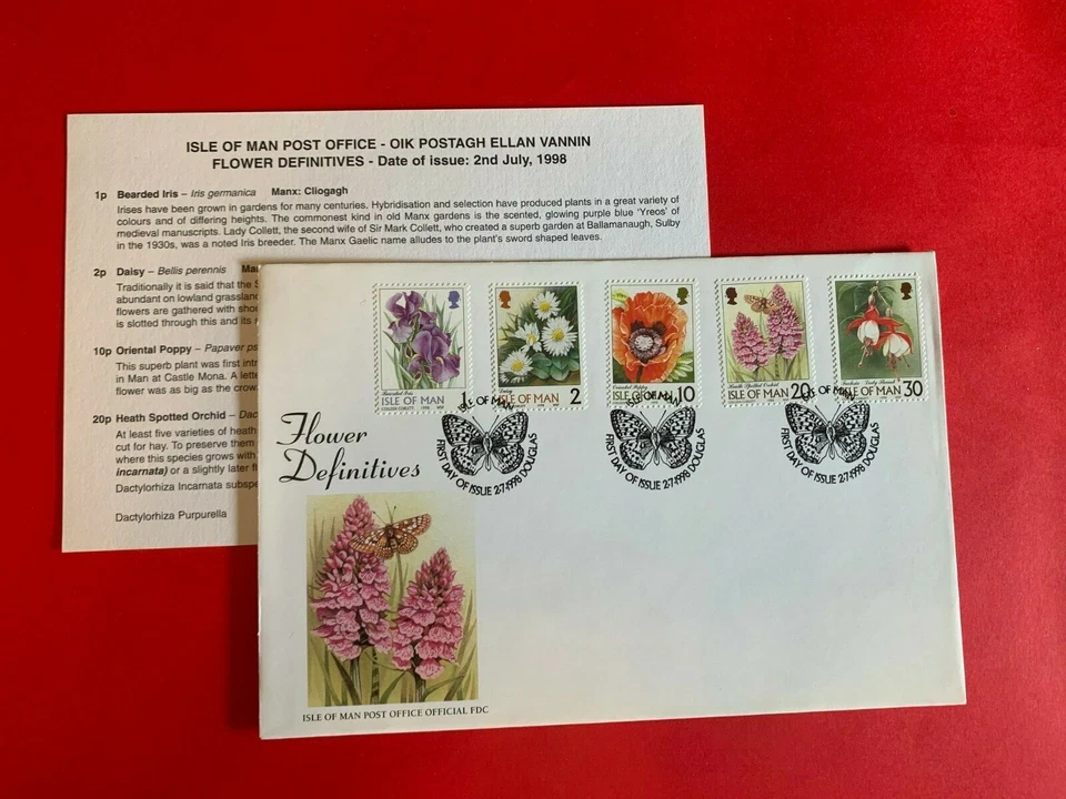 ISLE OF MAN IOM 1998 FDC FLOWERS IRIS DAISY POPPY ORCHID & INSERT - Image 1 of 1