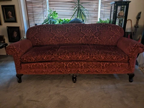 Antique Red Velvet Davenport Sofa-Professionally Reupholstered Cover