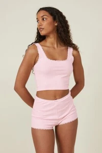 Cotton On Body Women's Sz M Rib Lace Trim Cropped Tank Top & Shorts Pajama Set - Picture 1 of 10