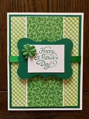 Tarjeta hecha a mano del día de San Patricio trébol verde guinga cinta trébol botón Foto 1 de 2