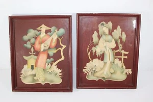 2 Vintage asiatische Dame Mann Lithographie Drucke gerahmt S.Colef-Stil Kunst Shabby Chic - Bild 1 von 6