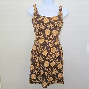 Vintage 90s Jones New York Floral Square Neck Mini Dress Brown Tan Size 2 Petite - Picture 1 of 11