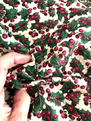 Vtg 3/4 Yd 44WX26" VIP CRANSTON Green Red HOLLY BERRIES Xmas Cotton FABRIC 2 PC - Image 1 of 4