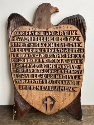 Antique Folk Art Carving Wood Plaque Eagle Lords Prayer Vintage 1920-40 Southern - Image 1 of 4
