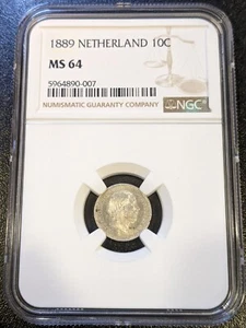 1889 MS64 Netherlands Silver 10 Cent NGC KM 80 William III - Picture 1 of 5