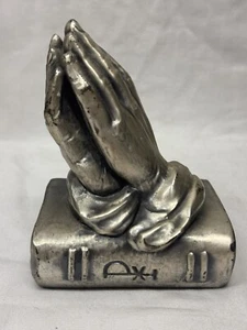 Vintage Heavy Cast Metal Praying Hands Statue on Book (Bible?) Paperweight - Picture 1 of 12