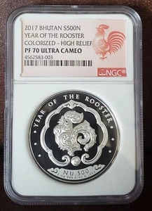 2017 NGC PF 70 Ultra Cameo BHUTAN 1oz Siver 500N "YEAR OF THE ROOSTER" Colorized - Picture 1 of 2