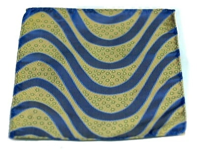 Umberto Algodon Gold Blue Ribbon Stripe Silk Pocket Square $75 Retail New - Image 1 of 3