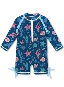 Toddler Girls Sun Protective Blue Starfish Beach Bathing Suit Zipper Long Sle... - Picture 1 of 7