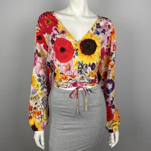 Blusa corta H&M talla L cuello en V manga larga floral ajustable fruncido fruncido - Imagen 1 de 11