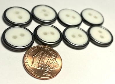 8 NOS Glossy White Plastic Gray Metal Rim Sew-through Buttons 16mm 5/8" 12648 - Image 1 of 3