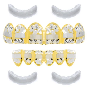 Men's Grillz Gold Plated Diamond Cut Top & Bottom Teeth LS001-C3 2 extra bar - Picture 1 of 4