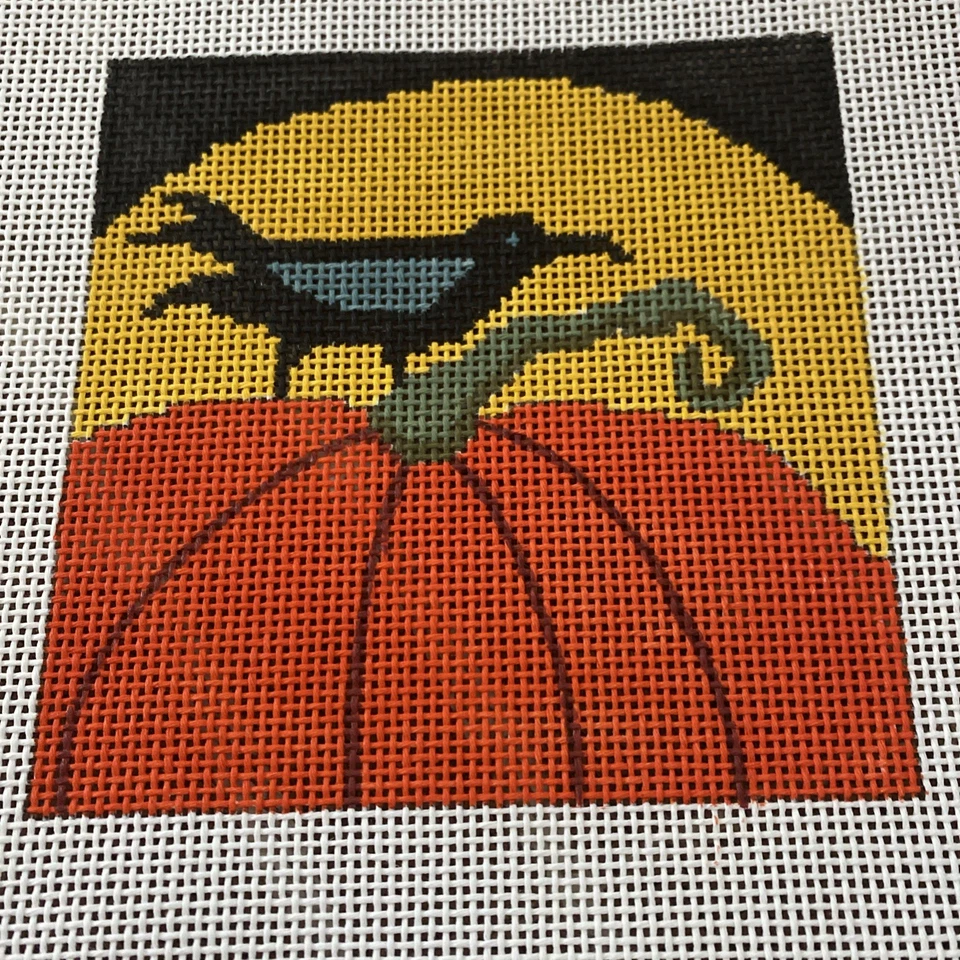 Patty Paints Handpainted Needlepoint Canvas Black Crow Bird Pumpkin Full Moon - Image 1 of 1