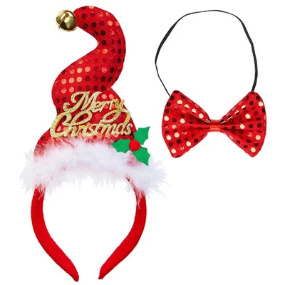 Conjunto de vestido fantasia festa Natal tiara e laço lantejoulas adulto feliz Natal - Imagem 1 de 2