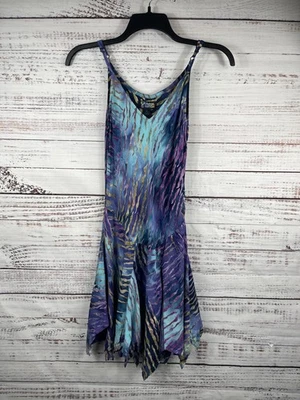 Vestido de rabieta tropical para mujer mediano azul púrpura rayón pañuelo dobladillo batik Foto 1 de 4