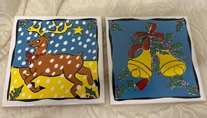 Reindeer And Bells Christmas Tile Trivet Hot Pads Cork Back Portugal Lot Of 2 - Picture 1 of 7