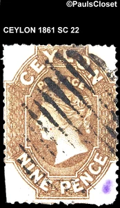 CEYLON 1861 SC 22 QUEEN VICTORIA 9p LILAC BROWN USED CLN CUT PERF 14-15½ WM 6 VG - Picture 1 of 2