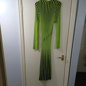 Topshop Knitted Stripe Long Sleeve Midi Dress In Lime And Black - Picture 1 of 8