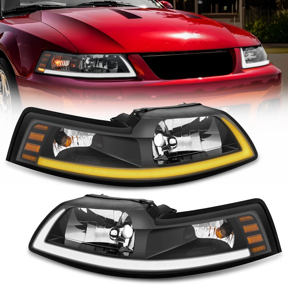 Pair Black Headlight W/LED DRL Sequential Turn Light For 1999-2004 Ford Mustang - Image 1 of 4