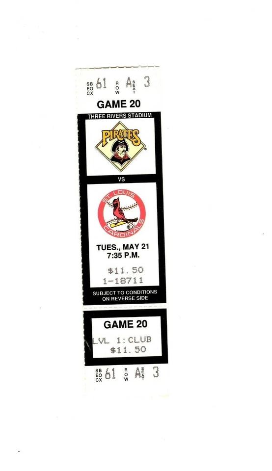 May 20 1991 St Louis Cardinals @ Pittsburgh Pirates Ticket Barry Bonds 2 HR - Image 1 of 2