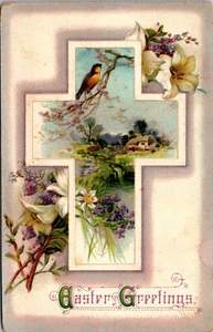 Vtg 1910s Easter Greetings Cross Lilies Purple Flowers Farm Scene Postcard - Picture 1 of 2