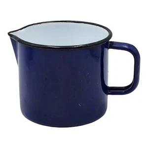 Vintage Emo Celje Yugoslavia Porcelain Enamel Pot Pitcher Cup Blue White - Picture 1 of 6