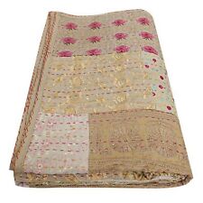Bohemian Patchwork Quilt Kantha Handmade Vintage Boho Beige King Size Bed Quilts