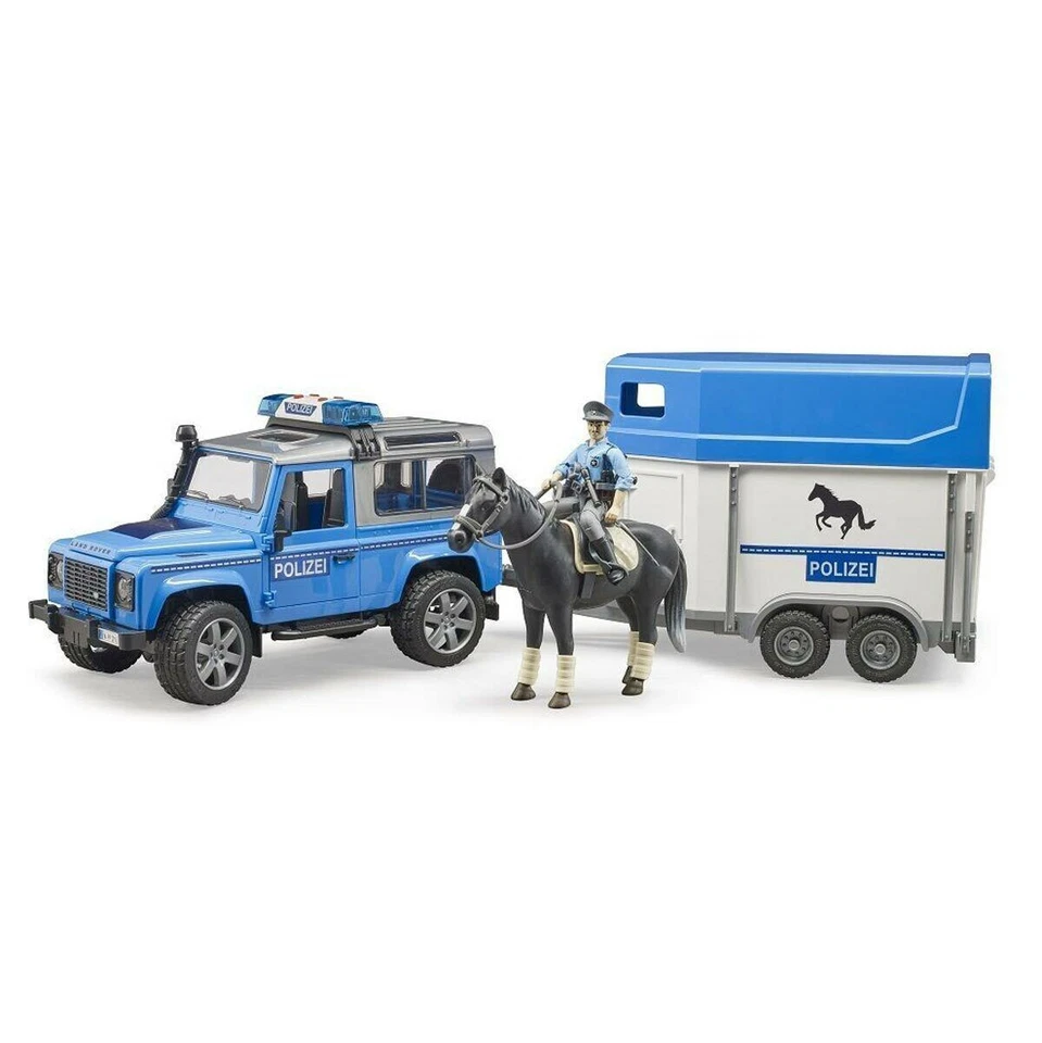 BRUDER 1:16 AUTO LAND ROVER DEFENDER  POLIZIA TRASPORTO CAVALLI        ART 02588 - Immagine 1 di 1