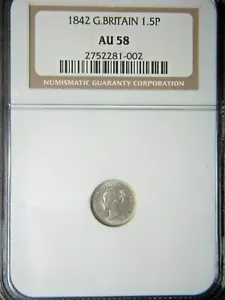 1842  Great Britain 1½ Penny - silver -  nice luster NGC AU58 - Picture 1 of 3