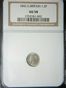 1842  Great Britain 1½ Penny - silver -  nice luster NGC AU58 - Picture 1 of 3