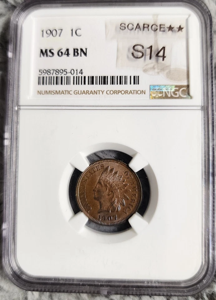 NGC MS-64 BN 1907 Indian Head Cent, Attractively Toned. Scarce S-14 Variety  - Image 1 of 2