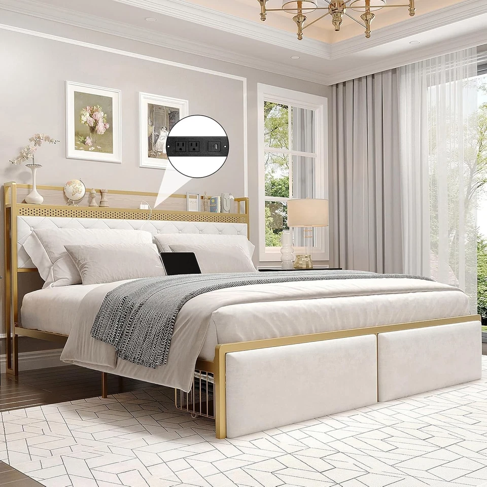 Marco de cama dorado tamaño king con luces LED y estación de carga y 2 cajones Foto 1 de 4