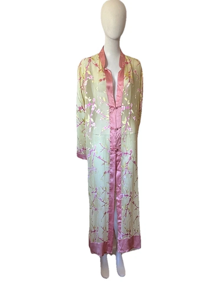 Dreamsacks Silk Night Gown & Sheer Kimonos Yellow Pink Cherry Blossom Size L - Image 1 of 4