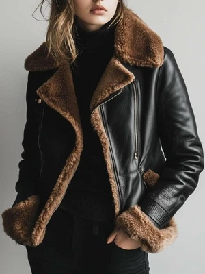 Women’s Black Shearling Leather Jacket – Genuine Sheepskin Aviator Coat Fur Trim - Image 1 of 4