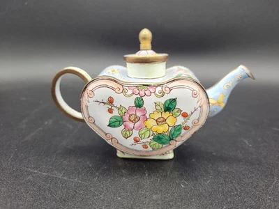 Kelvin Chen 微型珐琅心形茶壶 #450 黄色和粉红色花朵 — 第 1/4 张图片