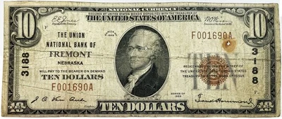 1929 US $10 THE UNION NATIONAL BANK FREMONT, NEBRASKA NOTE CHARTER#3188 - Image 1 of 2