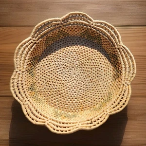 Round Woven Basket With Boho Pattern Scalloped Edge Decorative Natural Artisanal - Picture 1 of 5